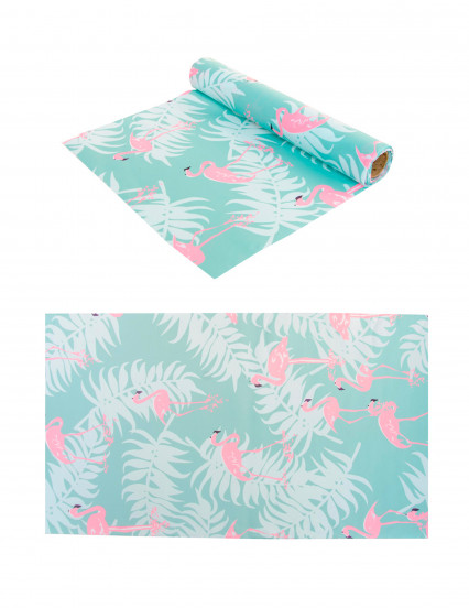 Chemin de table en tissu bleu pastel flamants roses 28 cm x 5 m Chemin de table en tissu bleu pastel flamants roses 28 cm x 5 m