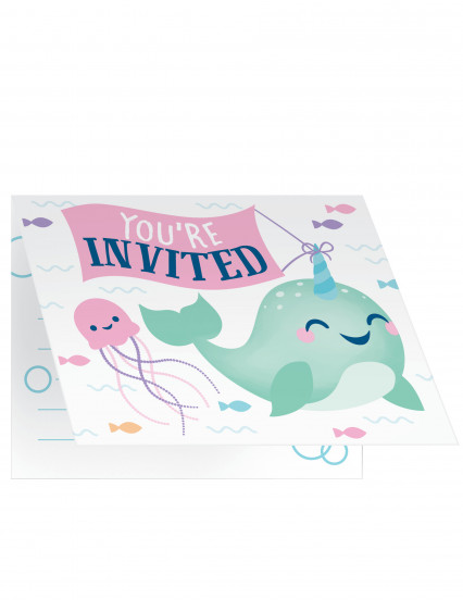 8 Cartes d'invitation avec enveloppes Joyeux narval 13 x 10 cm 8 Cartes d'invitation avec enveloppes Joyeux narval 13 x 10 cm