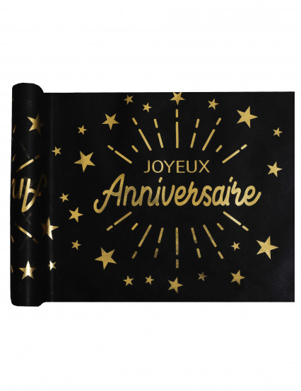 Chemin de table intissé anniversaire noir et or 5 m x 30 cm Chemin de table intissé anniversaire noir et or 5 m x 30 cm