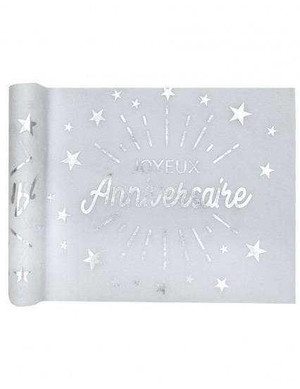 Chemin de table intissé anniversaire blanc et argent 5m x 30 cm Chemin de table intissé anniversaire blanc et argent 5m x 30 cm