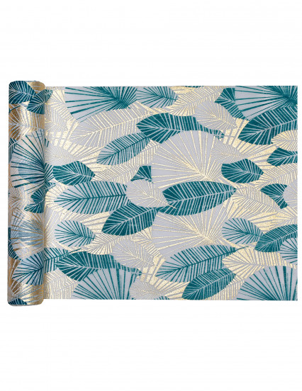 Chemin de table intissé feuillage tropical bleu 3 m x 30 cm Chemin de table intissé feuillage tropical bleu 3 m x 30 cm