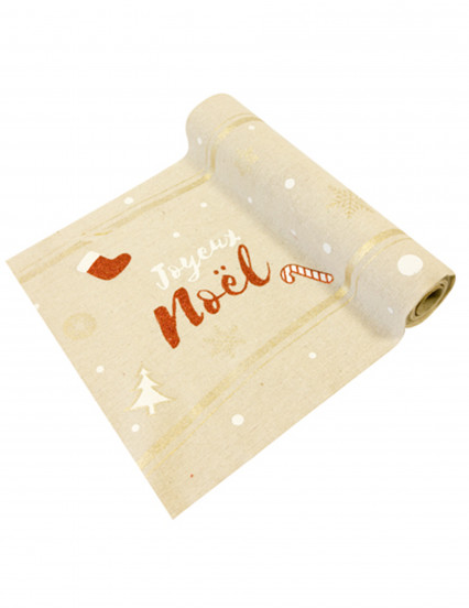 Chemin de table en toile effet naturel joyeux noël 3,5 m x 28 cm Chemin de table en toile effet naturel joyeux noël 3,5 m x 28 cm