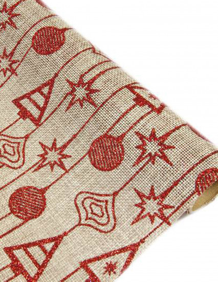 Chemin de table en toile boules et sapins rouge 4 m x 28 cm Chemin de table en toile boules et sapins rouge 4 m x 28 cm