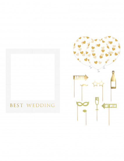 Kit photobooth complet blanc et or mariage 12 pièces Kit photobooth complet blanc et or mariage 12 pièces