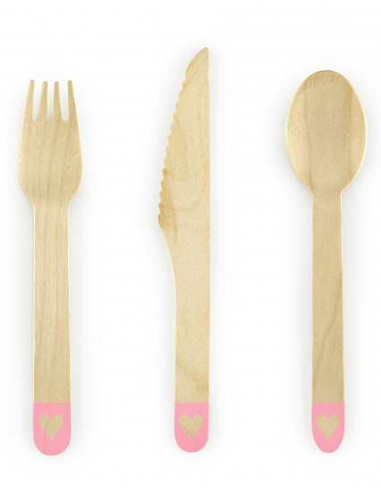 18 Couverts en bois rose avec cœur 16 cm 18 Couverts en bois rose avec cœur 16 cm