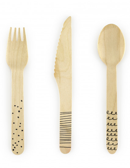 18 Couverts en bois motifs noirs 16 cm 18 Couverts en bois motifs noirs 16 cm