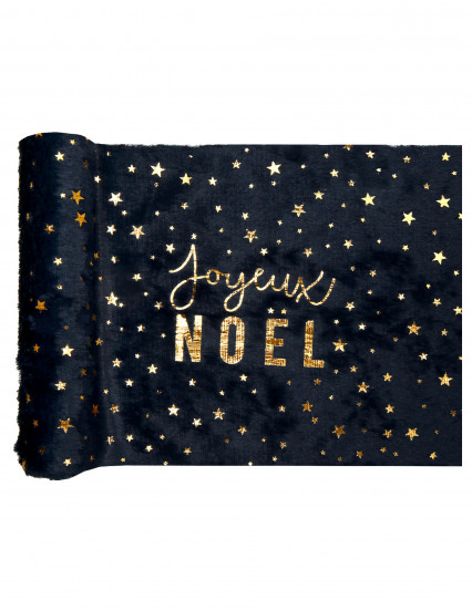 Chemin de table en polyester Joyeux Noël marine et or 3 m x 28 cm Chemin de table en polyester Joyeux Noël marine et or 3 m x 28 cm