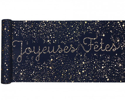 Chemin de table en coton Joyeuses Fêtes marine et or 3 m x 28 cm Chemin de table en coton Joyeuses Fêtes marine et or 3 m x 28 cm