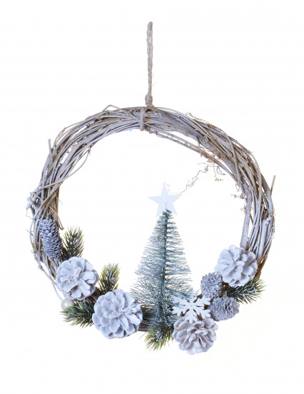Couronne à suspendre sapin et pommes de pin givrées 28 cm Couronne à suspendre sapin et pommes de pin givrées 28 cm