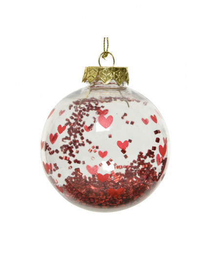 Boule de noël transparente avec cœurs rouges et confettis 8 cm Boule de noël transparente avec cœurs rouges et confettis 8 cm