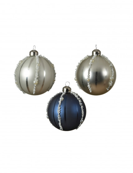 3 Boules de noël en verre bleu marine et argent avec perles 8 cm 3 Boules de noël en verre bleu marine et argent avec perles 8 cm