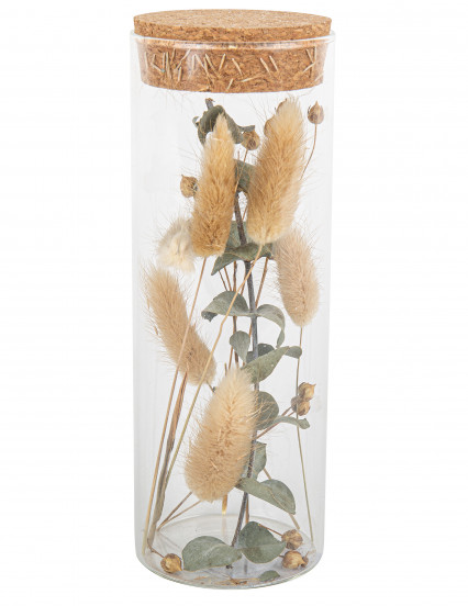 Tube en verre avec plumeaux et eucalyptus 18,5 cm Tube en verre avec plumeaux et eucalyptus 18,5 cm