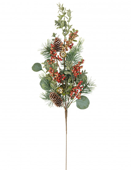 Branche traditionnelle eucalyptus grelots et pommes de pin 70 cm Branche traditionnelle eucalyptus grelots et pommes de pin 70 cm
