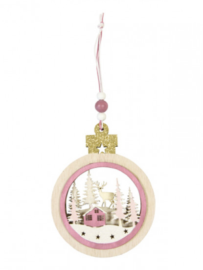 Suspension boule en bois village de Noël rose 11,9 x 9 x 1 cm Suspension boule en bois village de Noël rose 11,9 x 9 x 1 cm