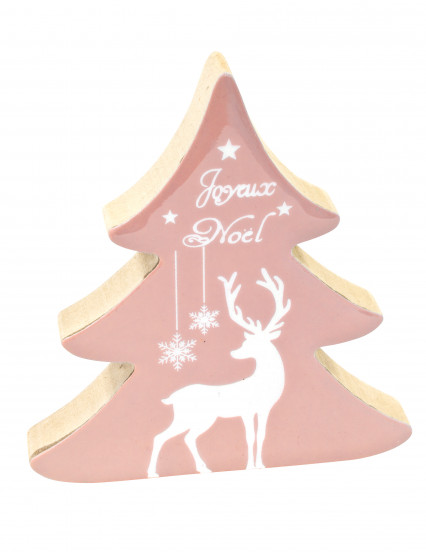 Décoration en bois sapin et renne aspect émaillé rose 10 x 11 cm Décoration en bois sapin et renne aspect émaillé rose 10 x 11 cm