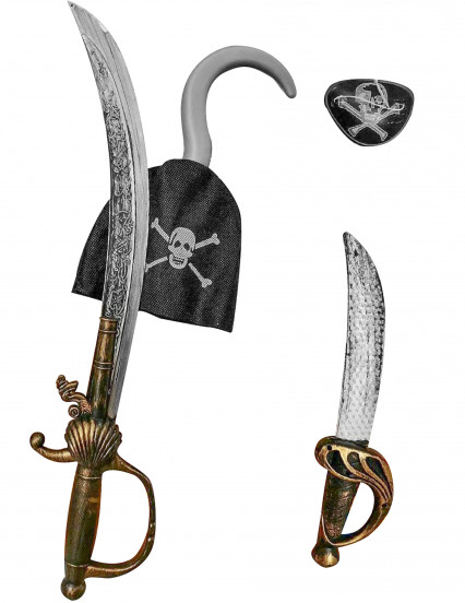 Kit d'accessoires de pirate avec 2 sabres, cache-oeil et crochet Kit d'accessoires de pirate avec 2 sabres, cache-oeil et crochet
