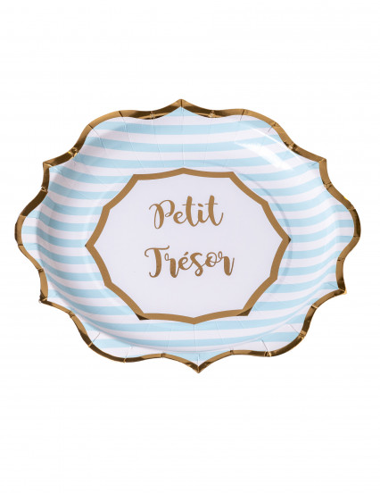 8 Assiettes en carton Petit trésor rayées bleu et dorure 23 cm 8 Assiettes en carton Petit trésor rayées bleu et dorure 23 cm