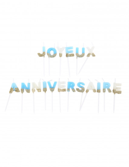 Bougies Joyeux anniversaire blanc bleu et paillettes or 4,3 cm Bougies Joyeux anniversaire blanc bleu et paillettes or 4,3 cm