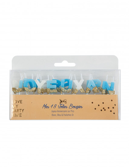Bougies Joyeux anniversaire blanc bleu et paillettes or 4,3 cm Bougies Joyeux anniversaire blanc bleu et paillettes or 4,3 cm