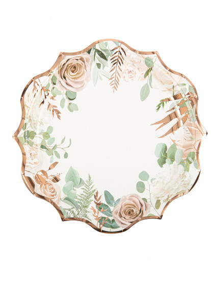 8 Assiettes en carton roses et végétal liseré rose gold 23 cm 8 Assiettes en carton roses et végétal liseré rose gold 23 cm