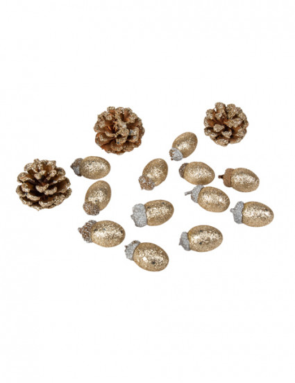 Lot 15 pièces glands et pommes de pin à paillettes 5 et 6 cm Lot 15 pièces glands et pommes de pin à paillettes 5 et 6 cm
