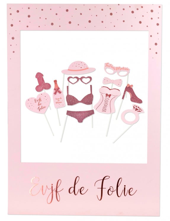 Kit Photobooth Avec Cadre EVJF Rose Gold 12 Accessoires - Vegaooparty